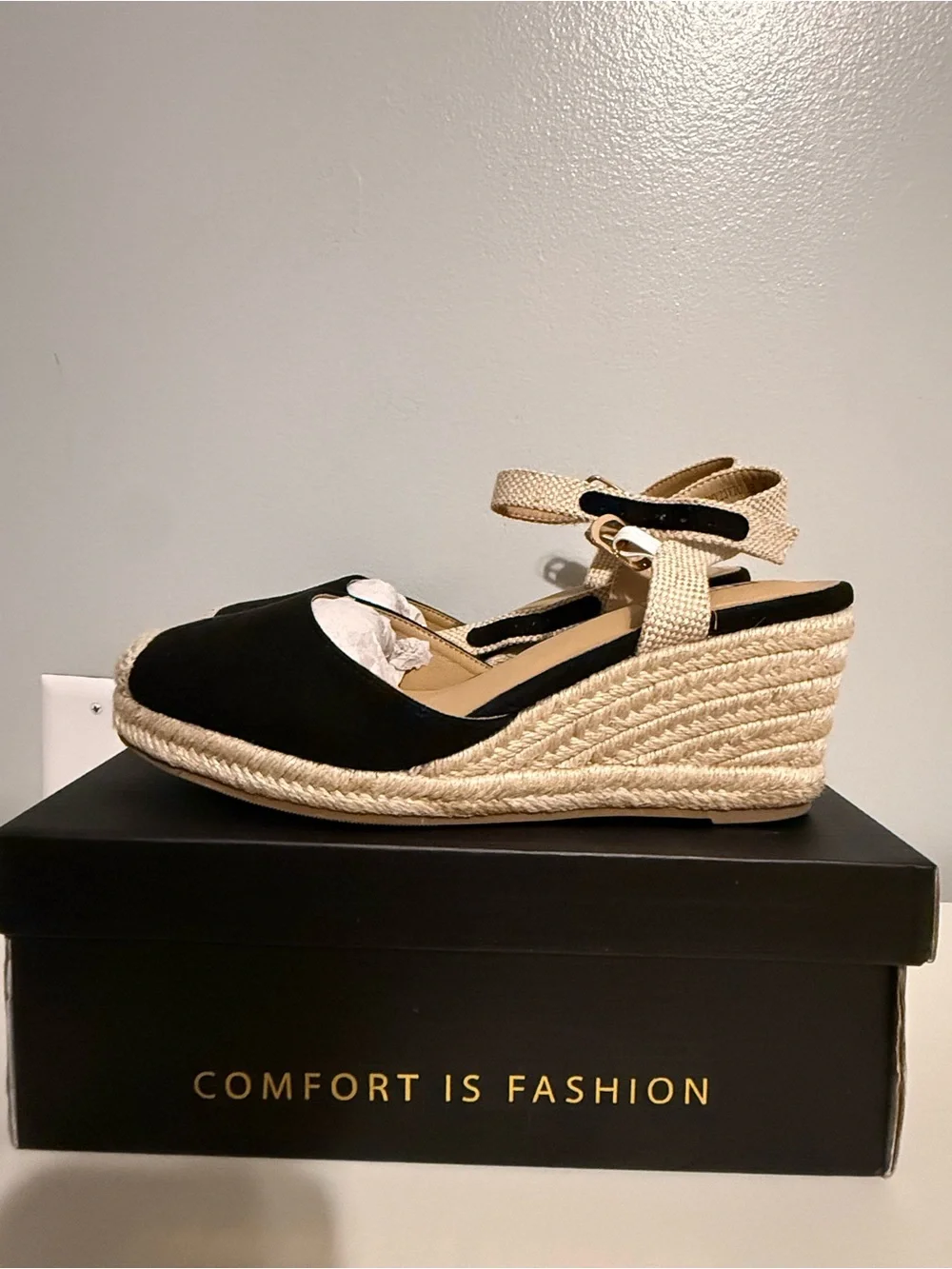 IDIFU Black and Beige Espadrille Wedge Sandals with Ankle Strap